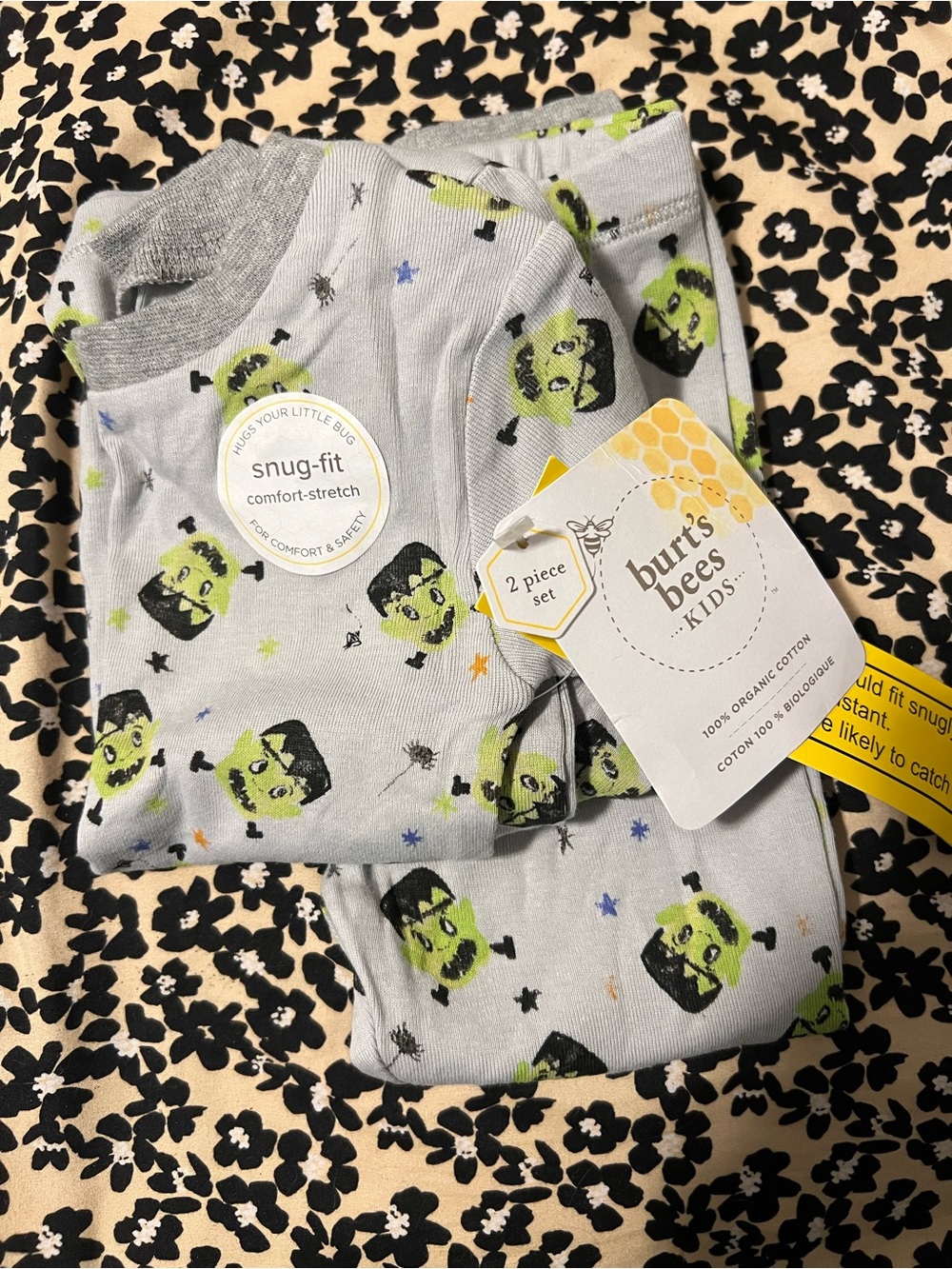 Burt's Bees Light Gray Frankenstein Print Snug-Fit Pajama Set
